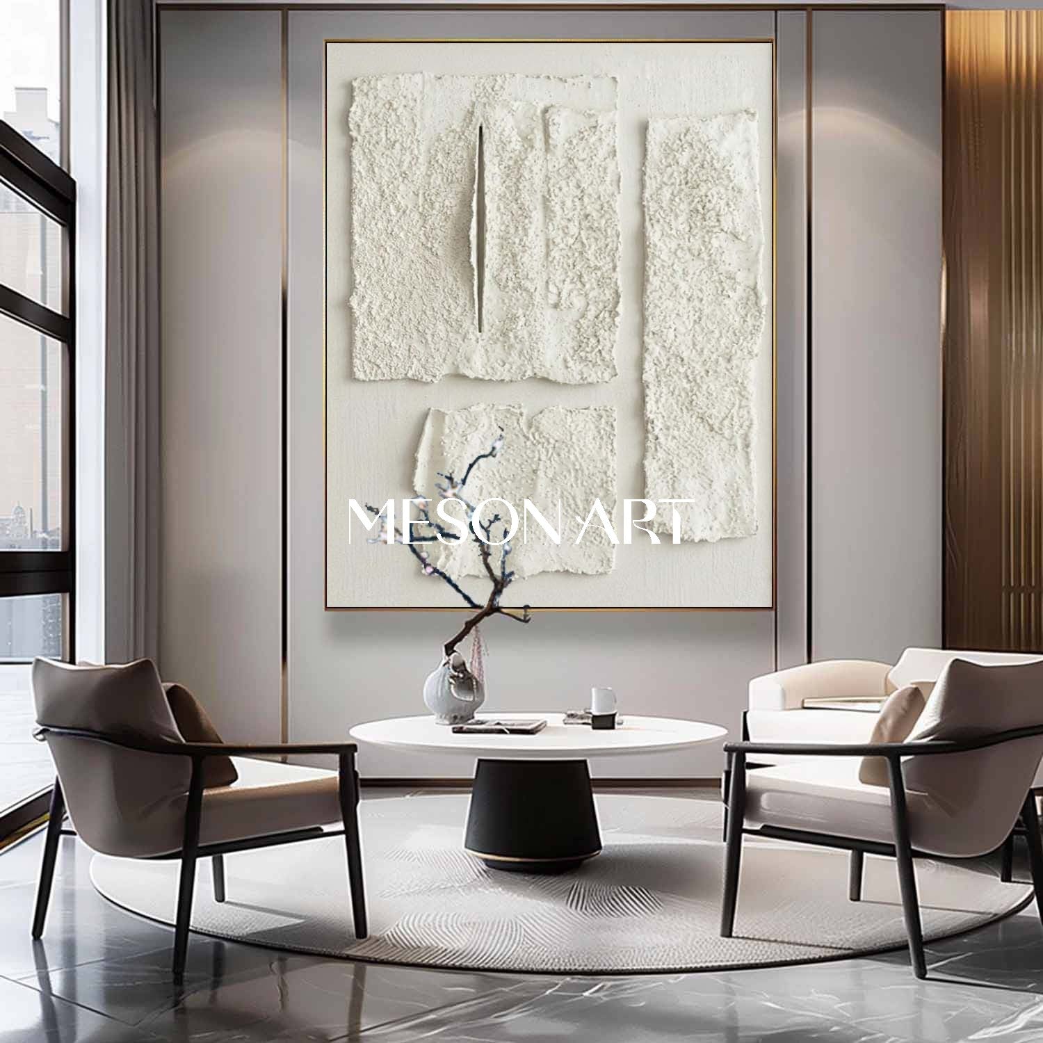 Minimalist 3D White Texture Painting Large Abstract Plaster Wall Art for Modern Homes by MesonArt