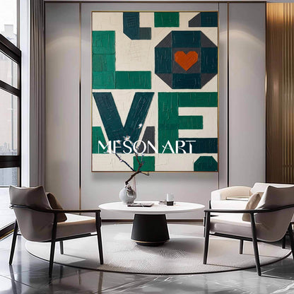 MesonArt 3D Textured Emerald Green LOVE Canvas Art | Geometric Plaster Wall Decor