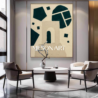 MesonArt 3D Geometric Arch Plaster Canvas | Teal & Beige Wall Art