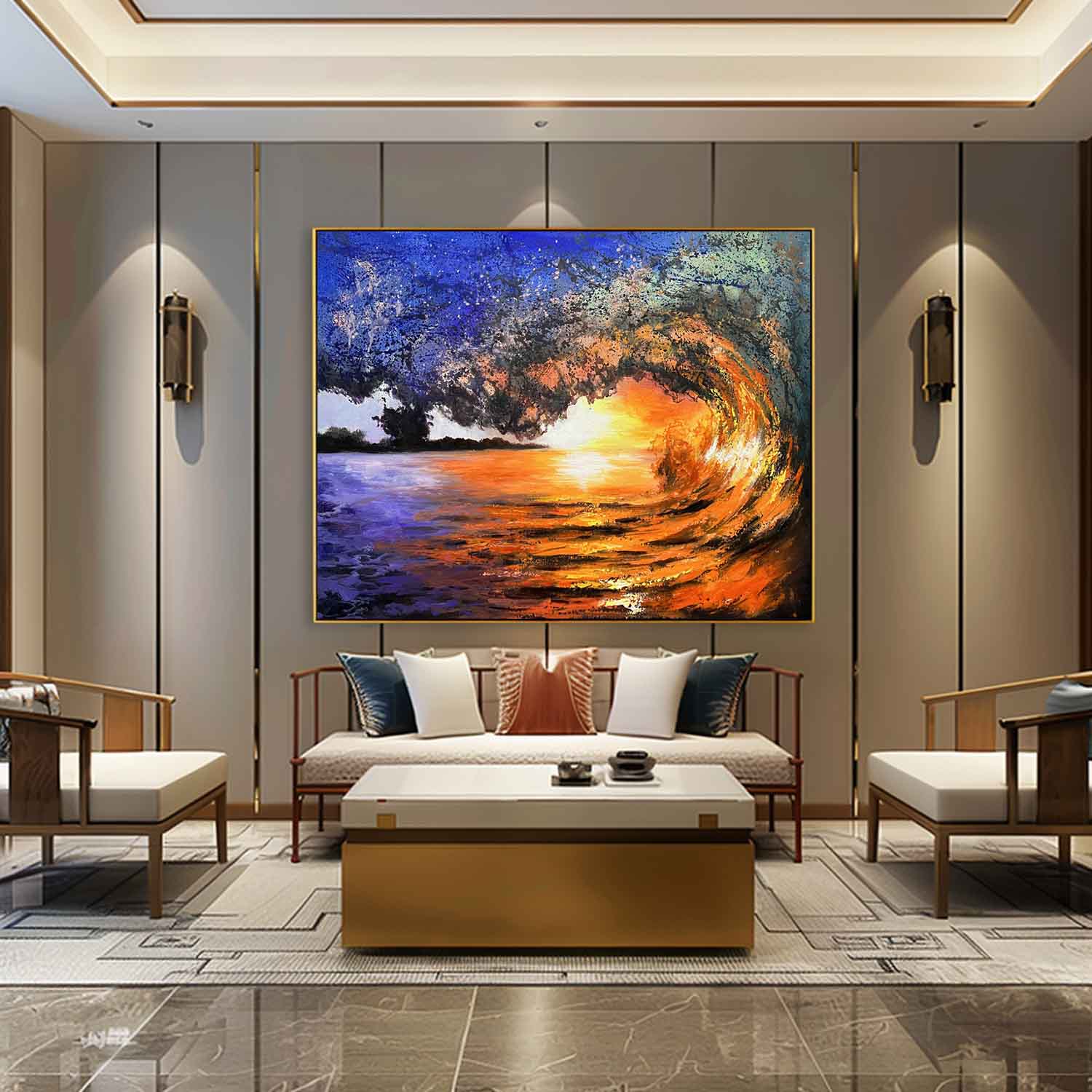 Realistic Oil Painting Of Sunset And Waves Surfing Theme Wall Art Decor Large Surfing Realism Art