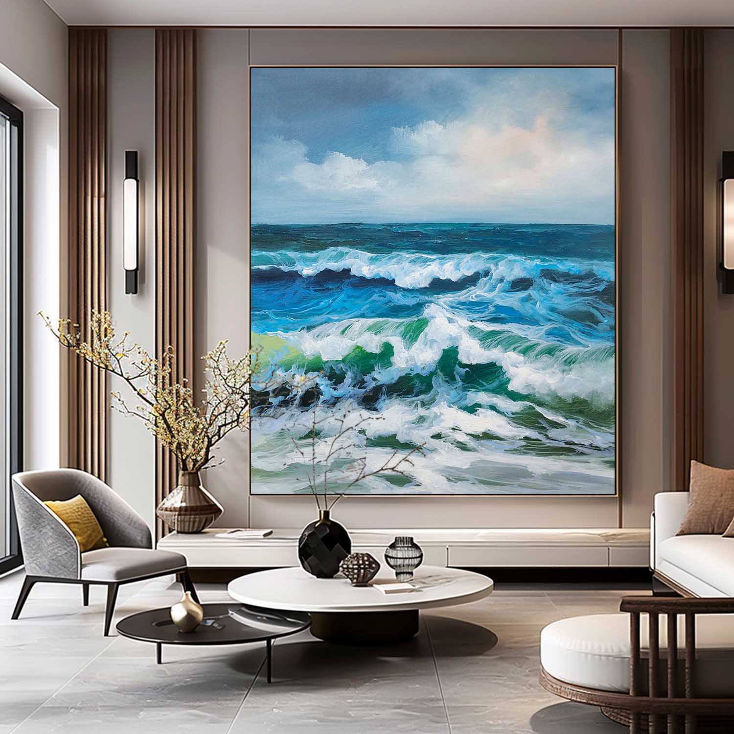 Large Light Blue Wave Oil Painting Realistic Light Blue Wave Wall Art Realistic Wave Wall Art for Sale
