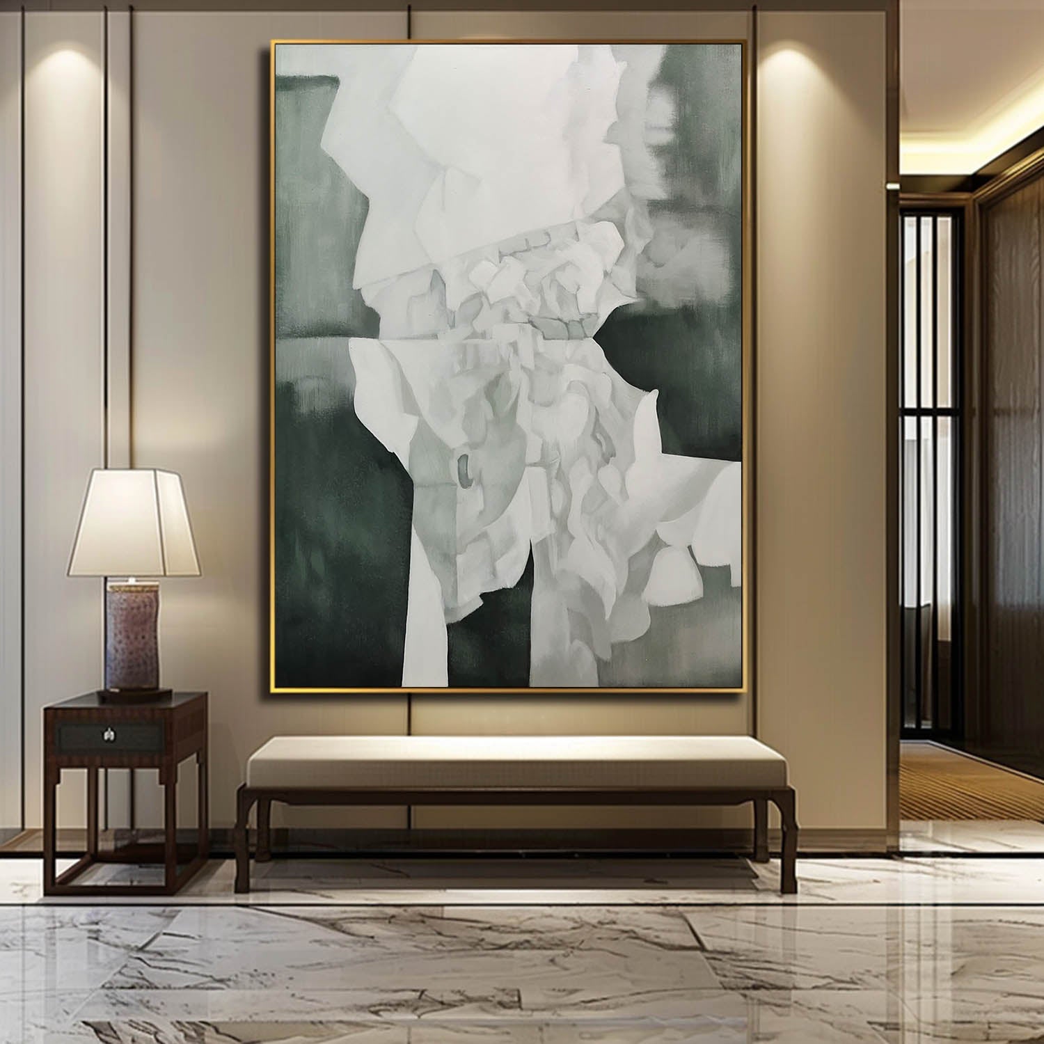 Large Green Minimalist Abstract Canvas Wall Art Modern Green and White Abstract Oil Painting