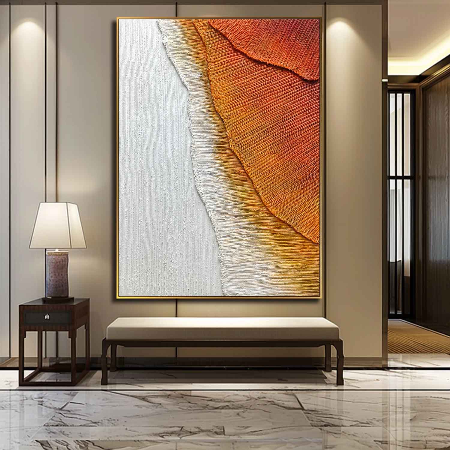 Large Orange And White Sea Wave Texture Painting 3D Plaster Art On Canvas Sea Modern Wall art Decor