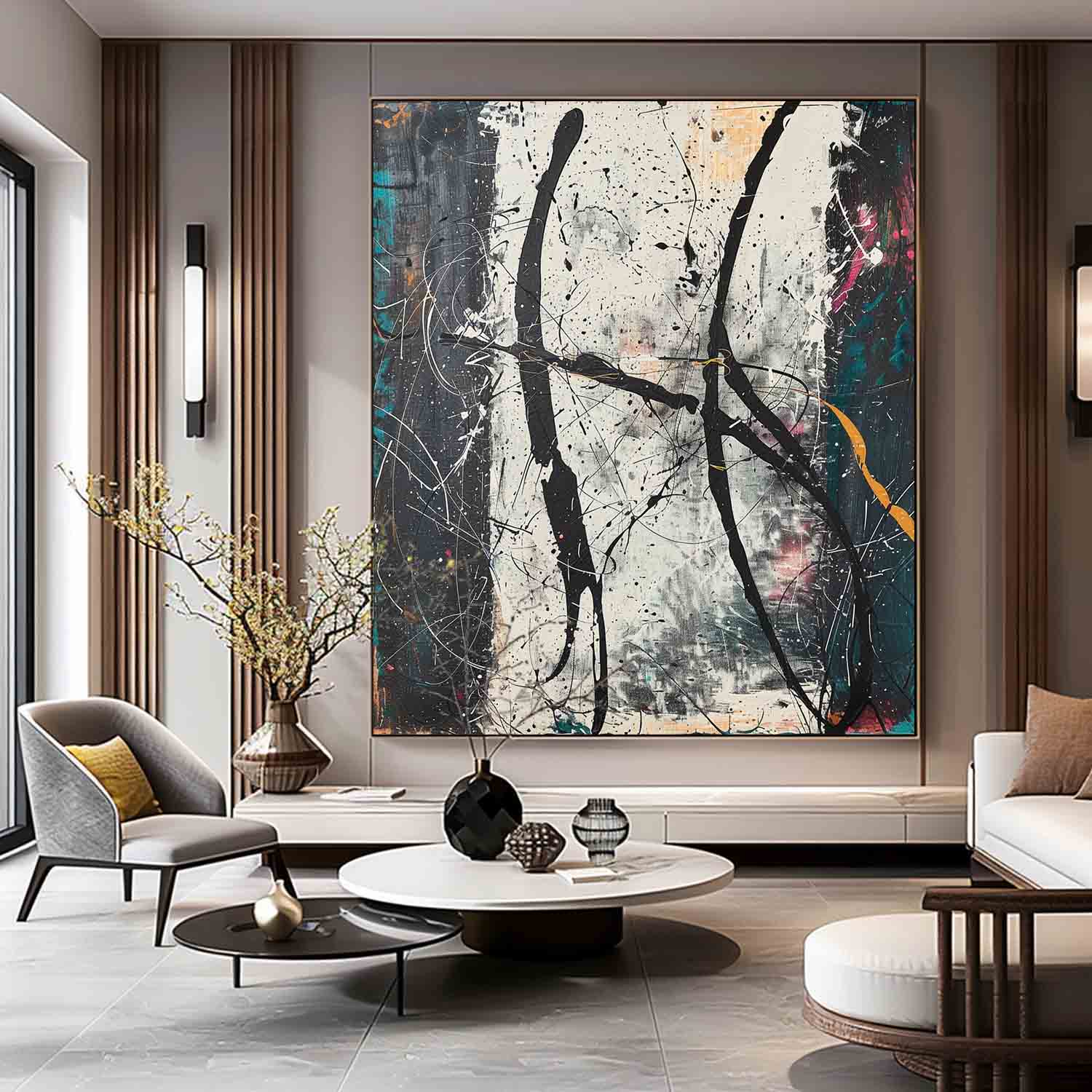 Large Black and White Modern Wall Painting for Sale Black and White Modern Abstract Oil Painting on Canvas