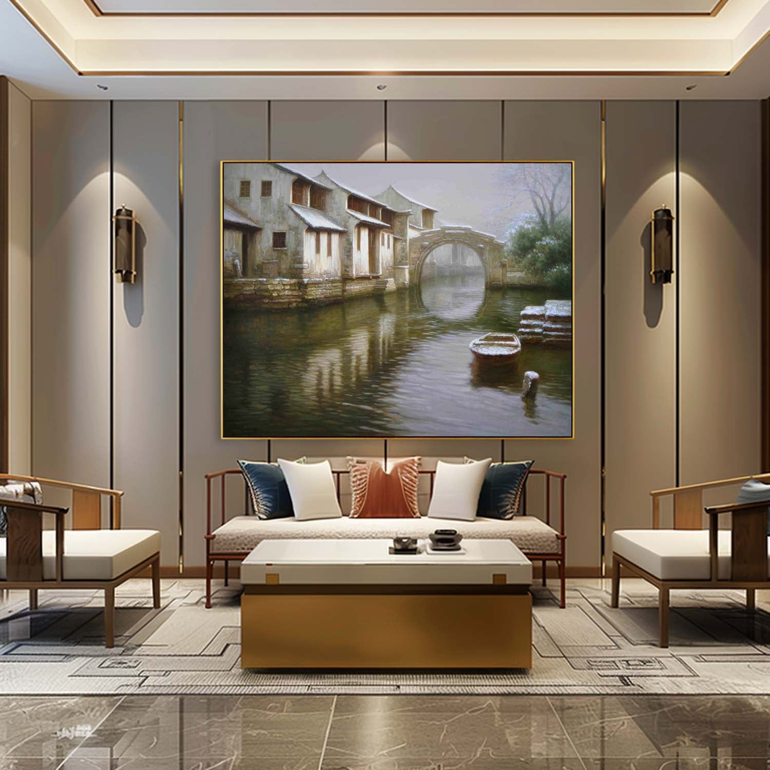 Super Realistic Ancient Water Town Landscape Art Ancient Town Water Town Landscape Canvas Wall Art.