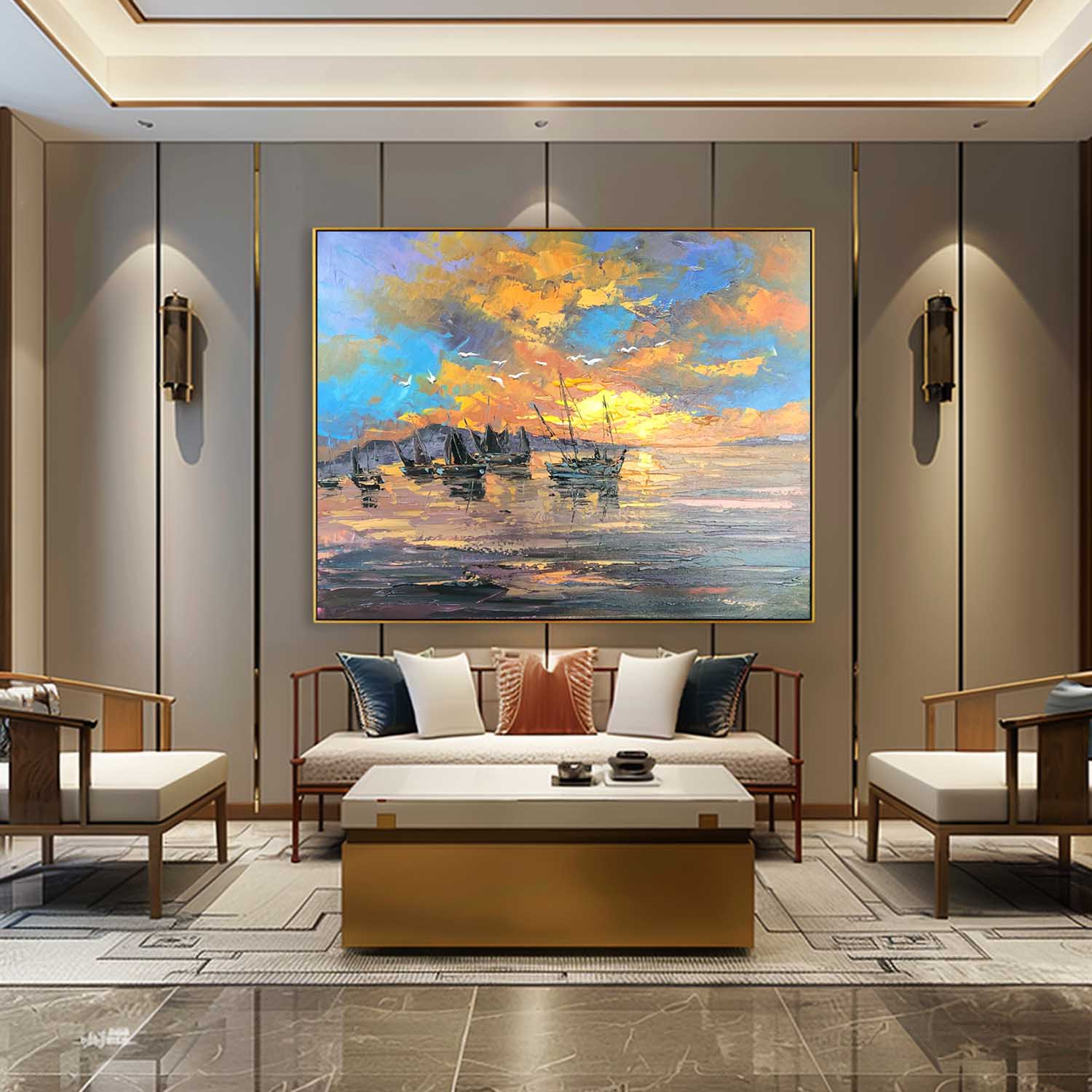 Sailboat Landscape Oil Painting Colorful Maritime Sailboat Canvas Wall Art Sailboat Abstract Art