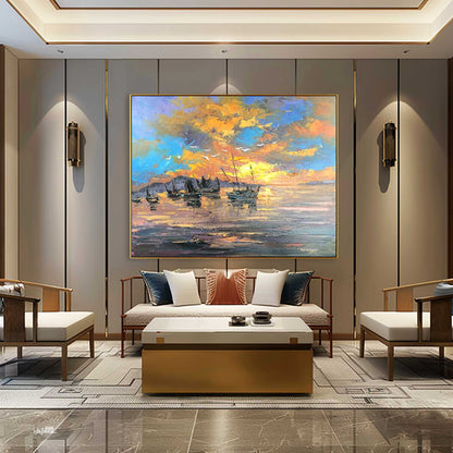 Sailboat Landscape Oil Painting Colorful Maritime Sailboat Canvas Wall Art Sailboat Abstract Art