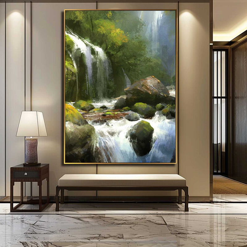 Hyperrealistic Green Stone Waterfall Landscape Art Green Stone Waterfall Landscape Canvas Wall Art