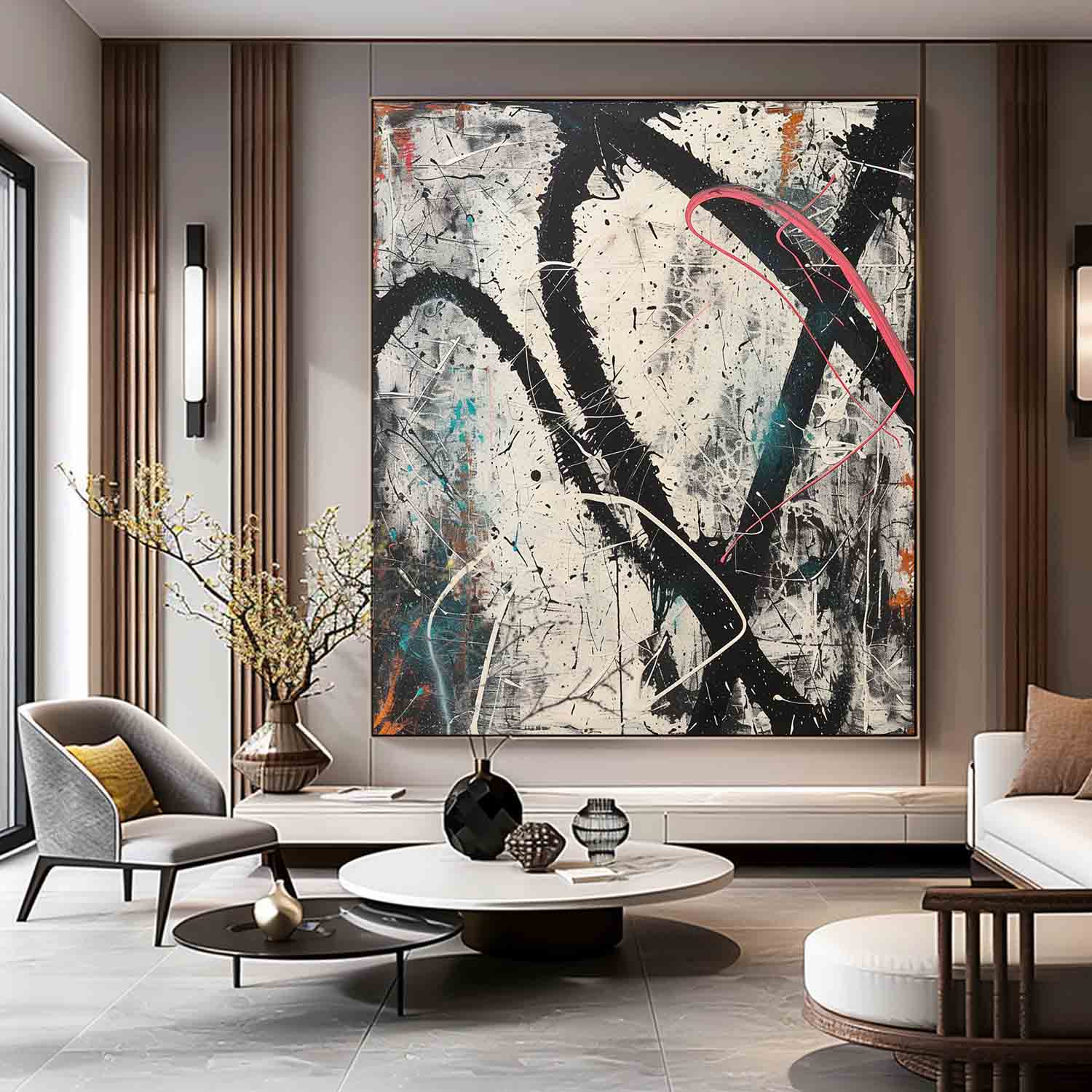 Large Black and White Pollock Wall Paintings for Sale Black and White Pollock Abstract Oil Painting on Canvas