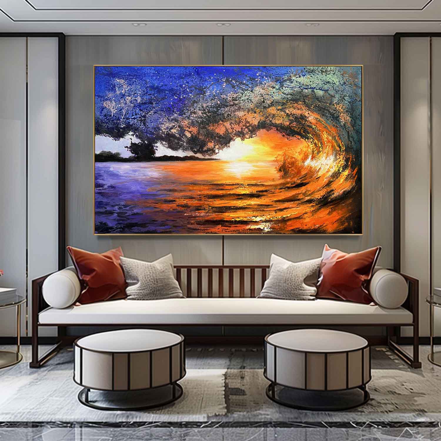Realistic Oil Painting Of Sunset And Waves Surfing Theme Wall Art Decor Large Surfing Realism Art