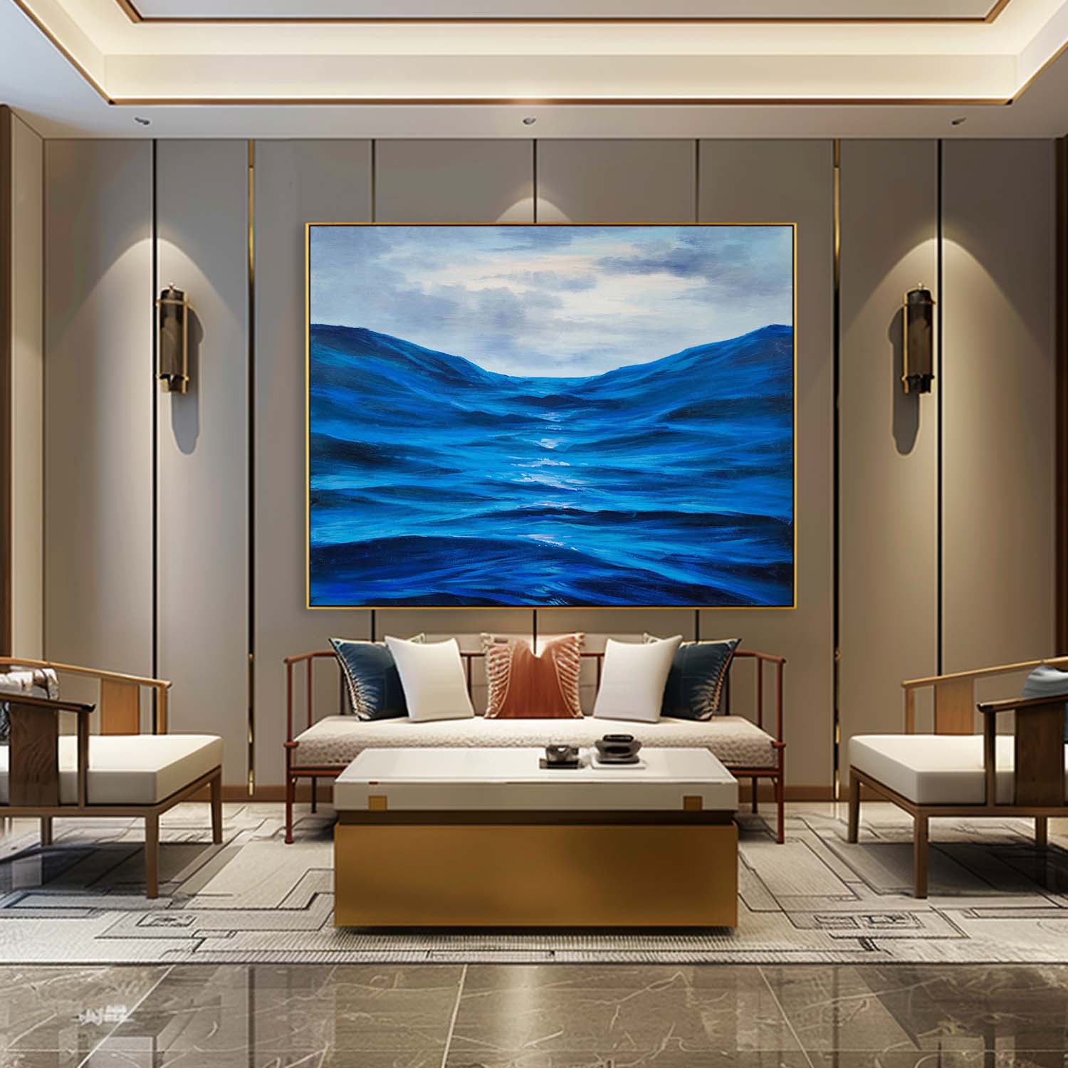 Large Dark Blue Sea Realistic Oil Paintings Blue Wave Realistic Wall Art Decor Realistic Canvas Art