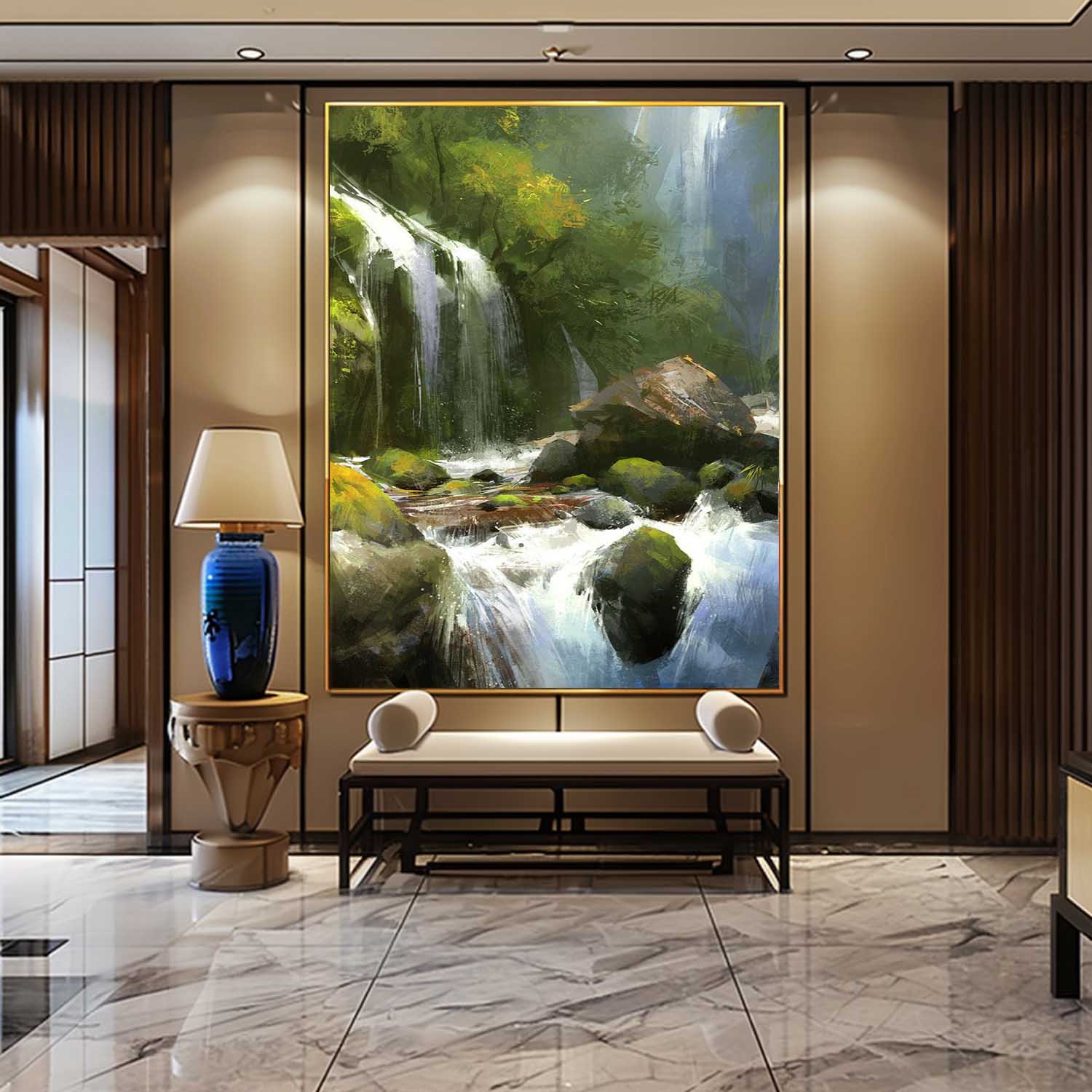 Hyperrealistic Green Stone Waterfall Landscape Art Green Stone Waterfall Landscape Canvas Wall Art