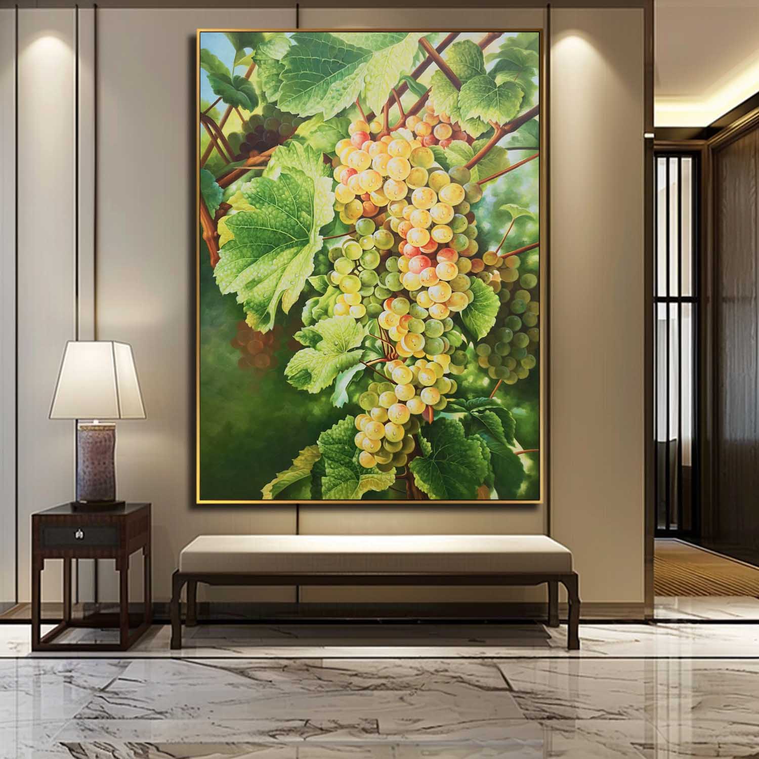 Large Green Realistic Grape Oil Painting Realistic Grape Canvas Wall Art Hyper-Realistic Grape Art