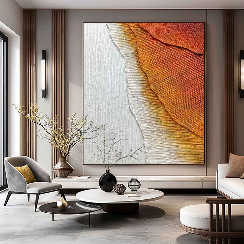 Large Orange And White Sea Wave Texture Painting 3D Plaster Art On Canvas Sea Modern Wall art Decor