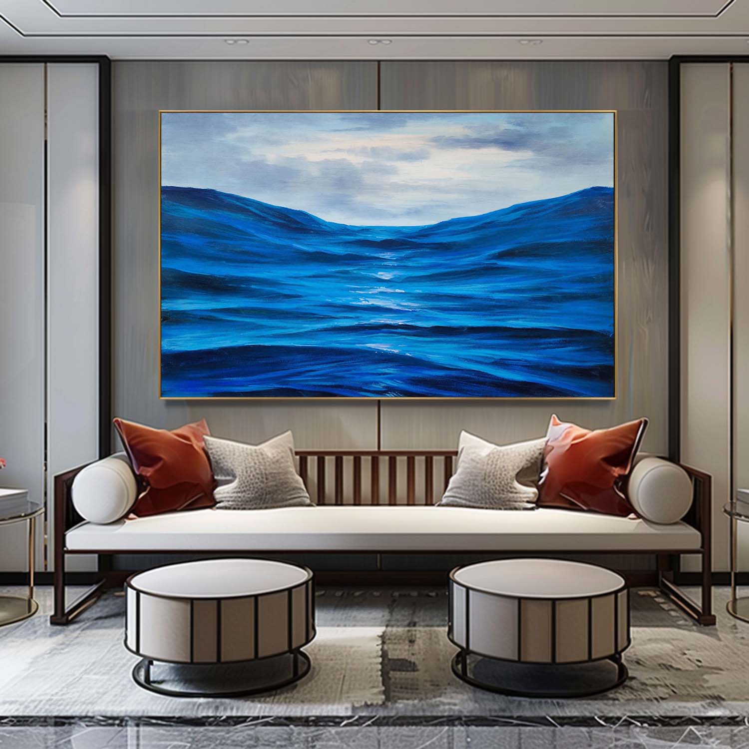 Large Dark Blue Sea Realistic Oil Paintings Blue Wave Realistic Wall Art Decor Realistic Canvas Art