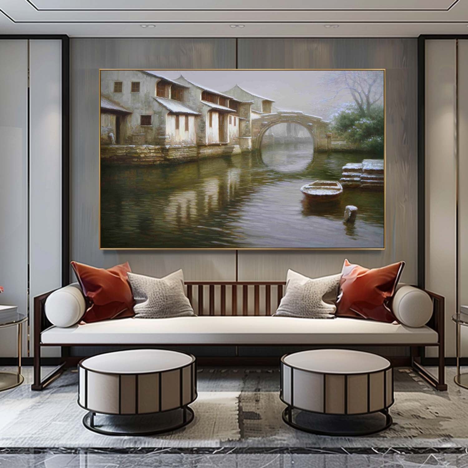 Super Realistic Ancient Water Town Landscape Art Ancient Town Water Town Landscape Canvas Wall Art.