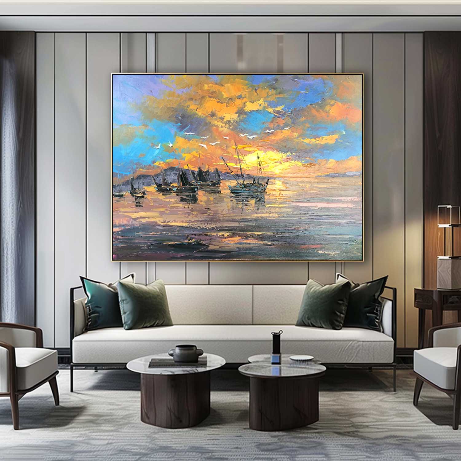 Sailboat Landscape Oil Painting Colorful Maritime Sailboat Canvas Wall Art Sailboat Abstract Art