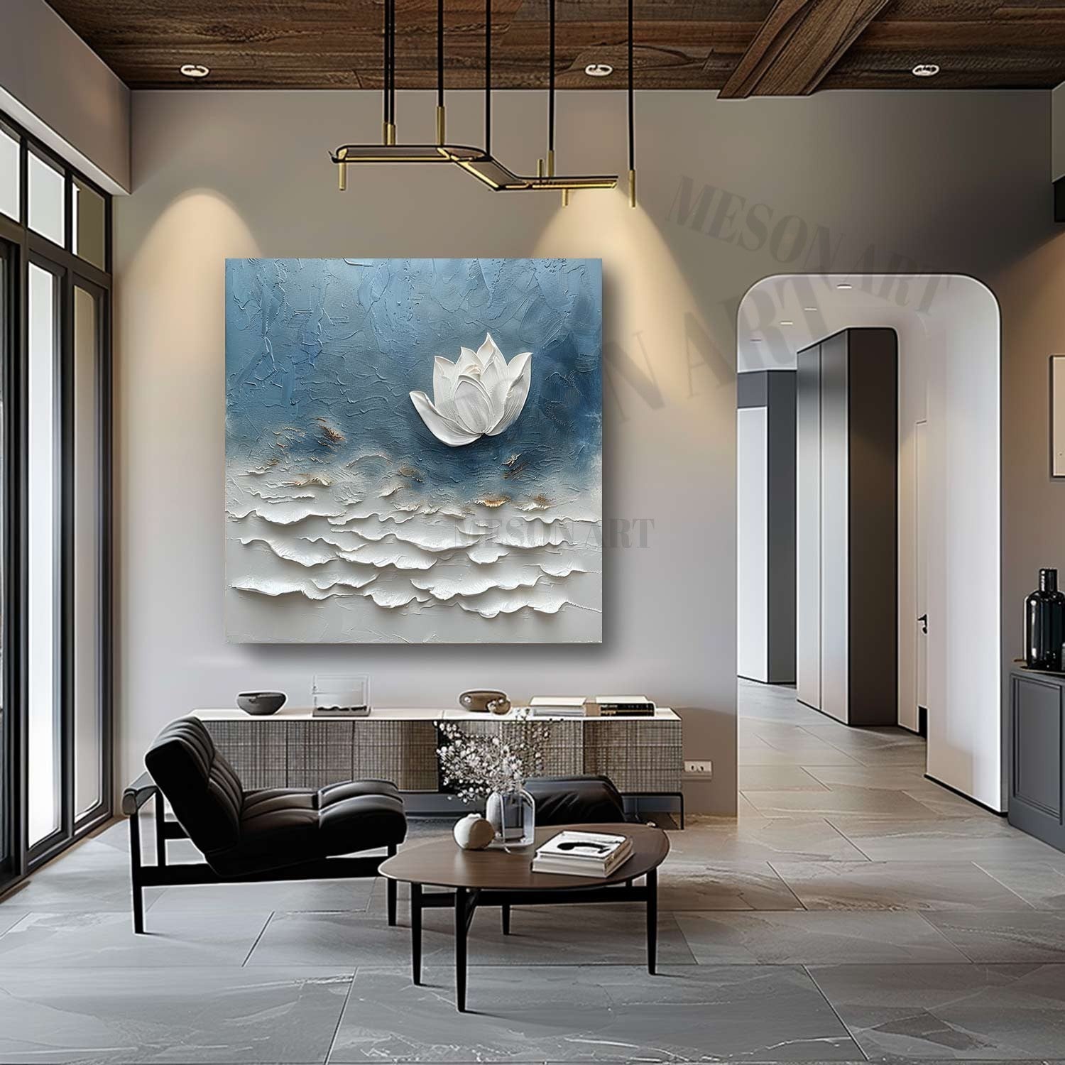 3D Monet Lotus Oil Painting for Sale White Flower Plaster Art Textured Floral Canvas Wall Art Decor