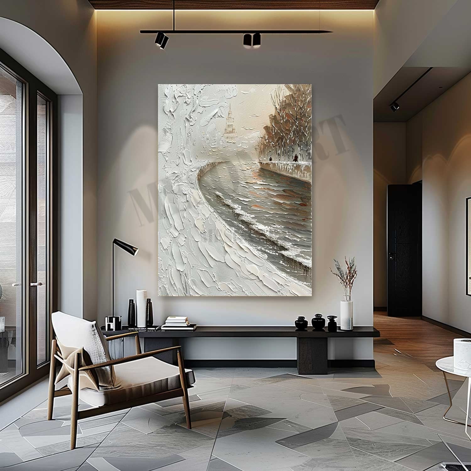 French Seine River Abstract Textured Painting Seine River Art Canvas Snowy Seine River Wall Art