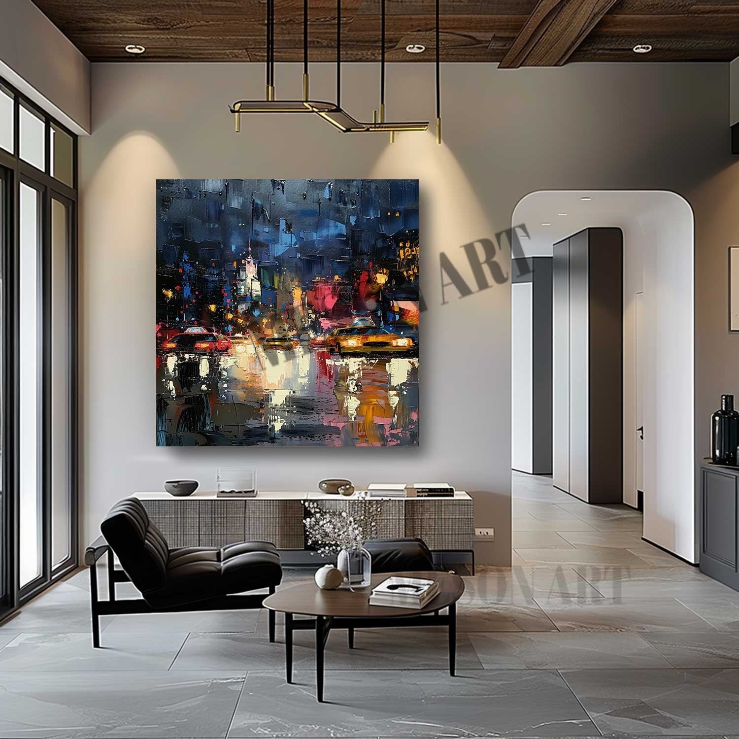 City Street Night Scene Texture Painting 3D Colorful City Street Night Scene Canvas Wall Art