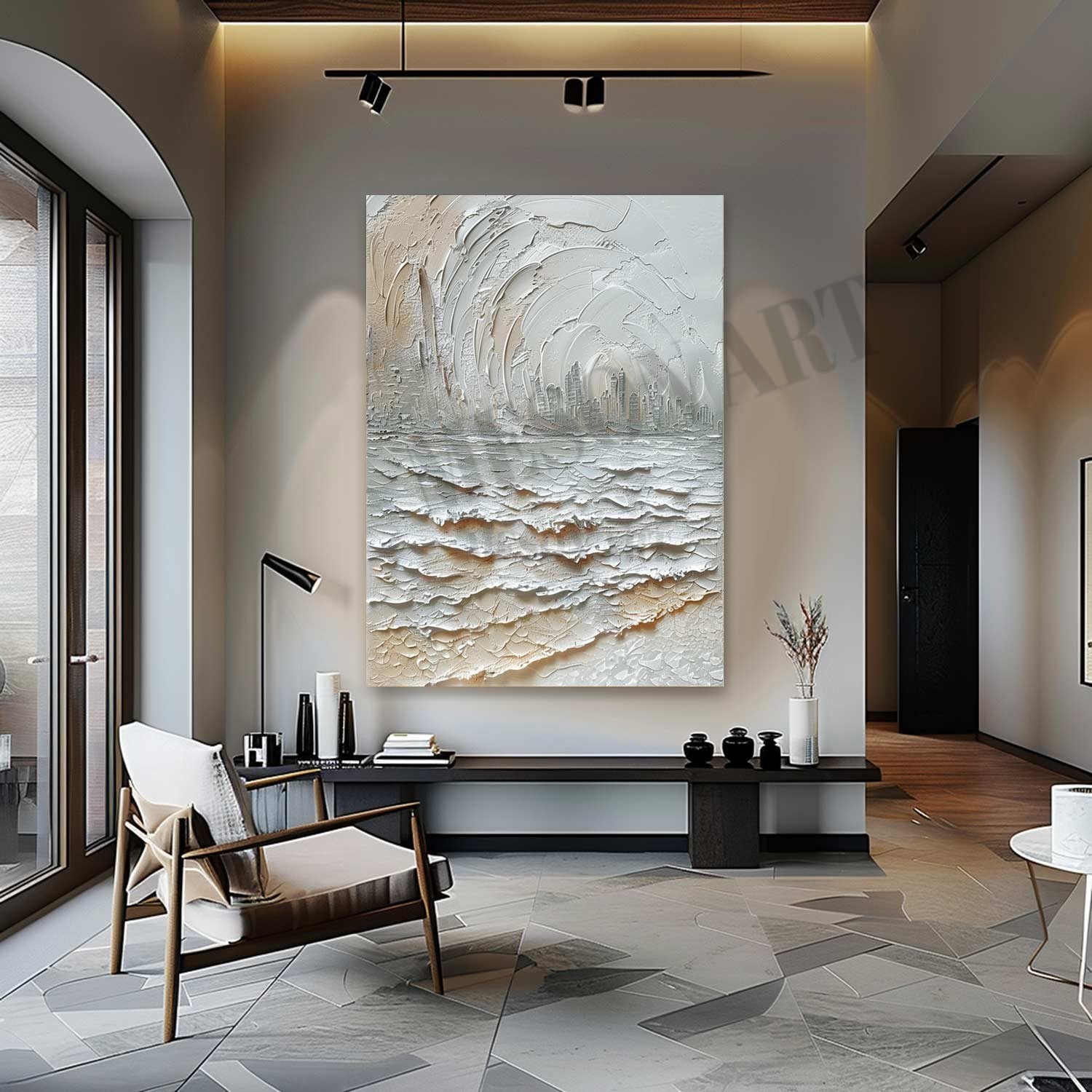 White Seaside City Abstract Painting White Seaside City Abstract Wall Art Snow Textured Art Canvas