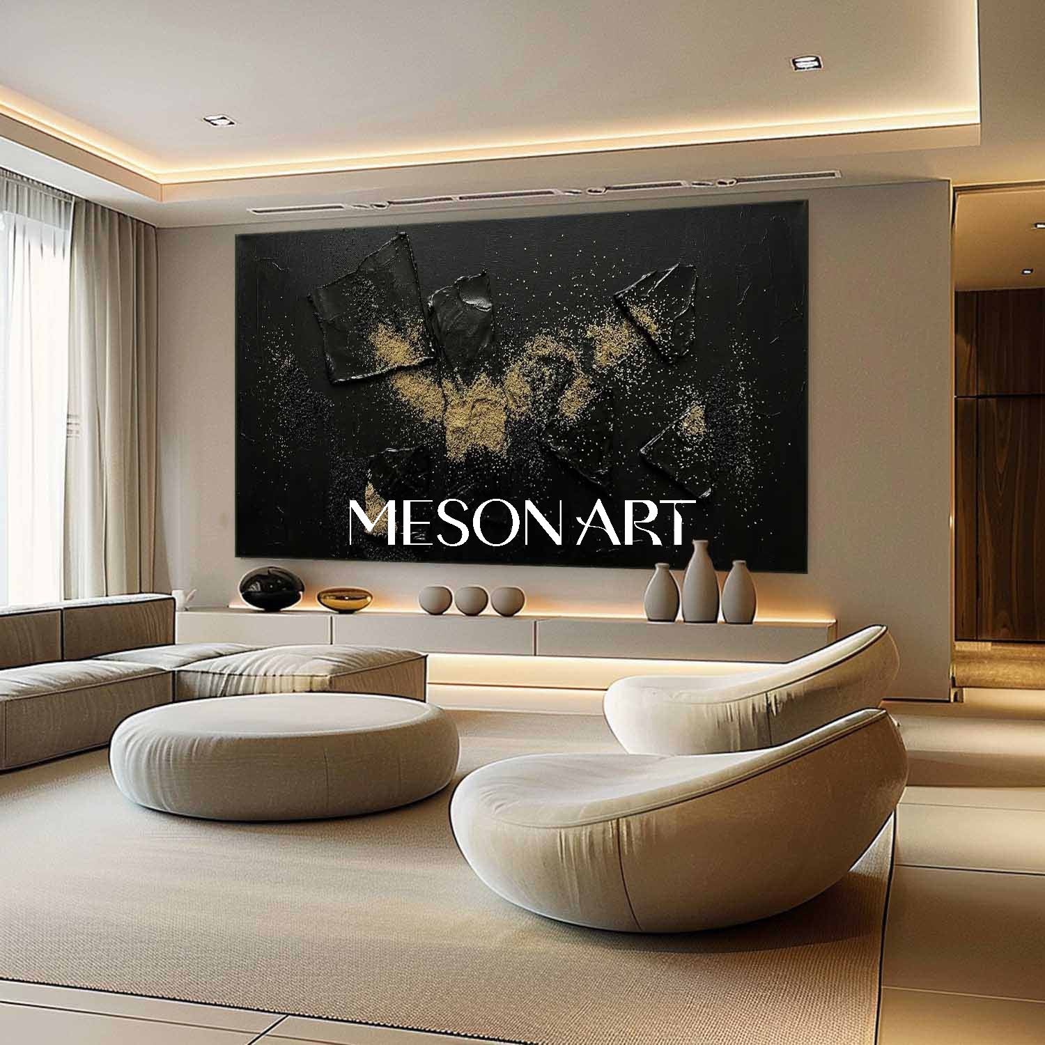 Black And Gold Abstract Canvas Wall Art 3D Textured Painting MesonArt