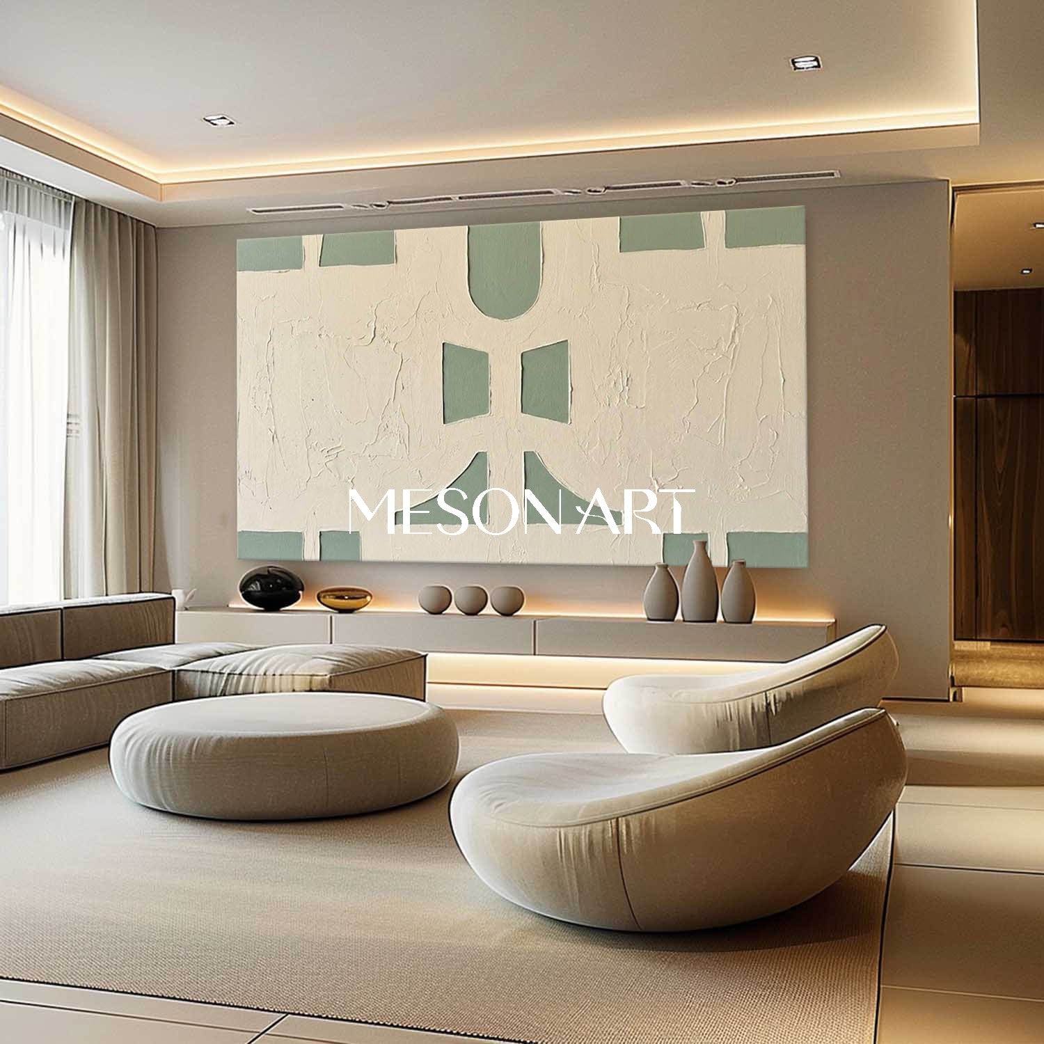 Panoramic Sage Green Canvas 3D Textured Geometric Painting Custom Size Architectural Canvas