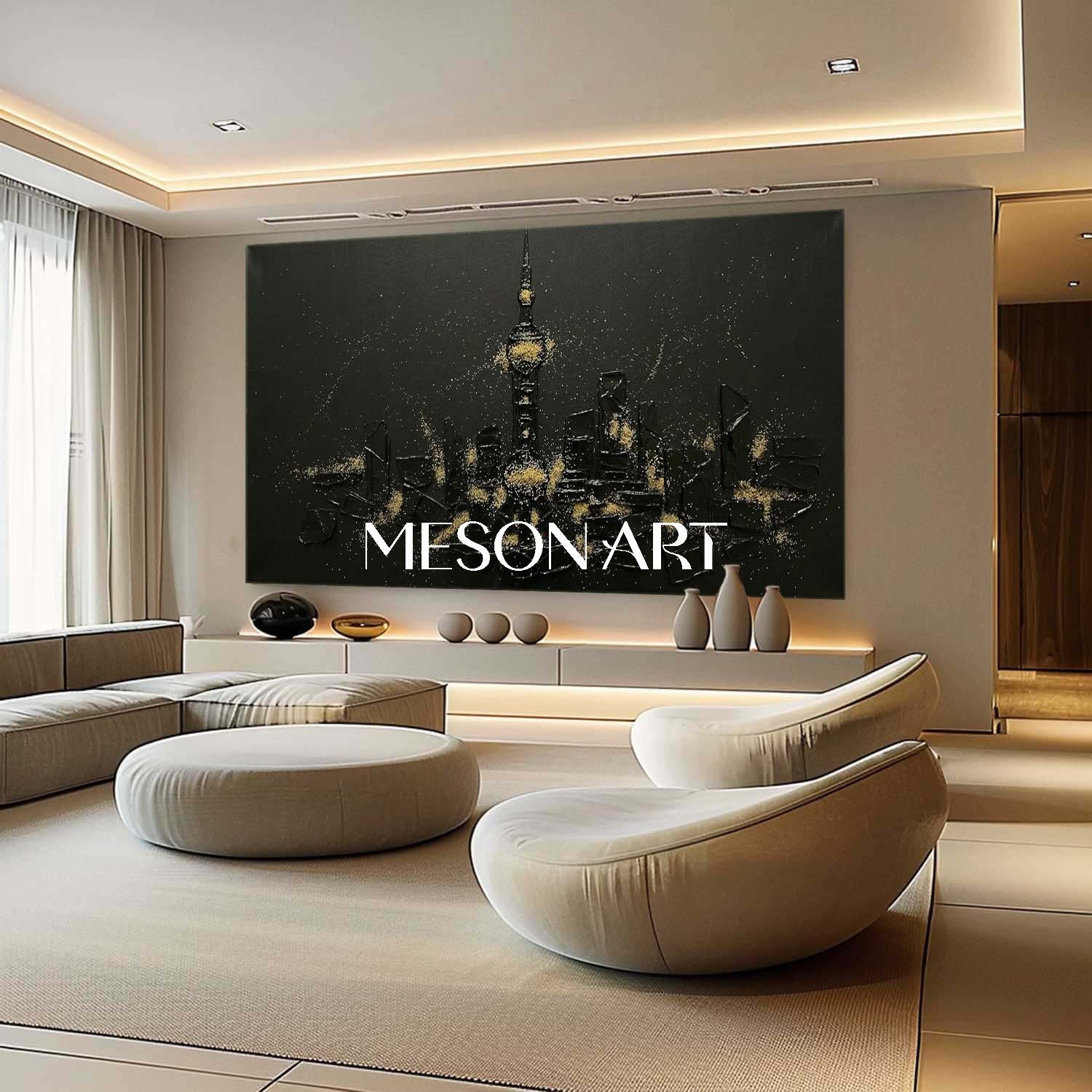 Over Sofa Panoramic Art, Executive Boardroom Centerpiece, Extra Large Horizontal Wall Decor, Framed Office Skyline.