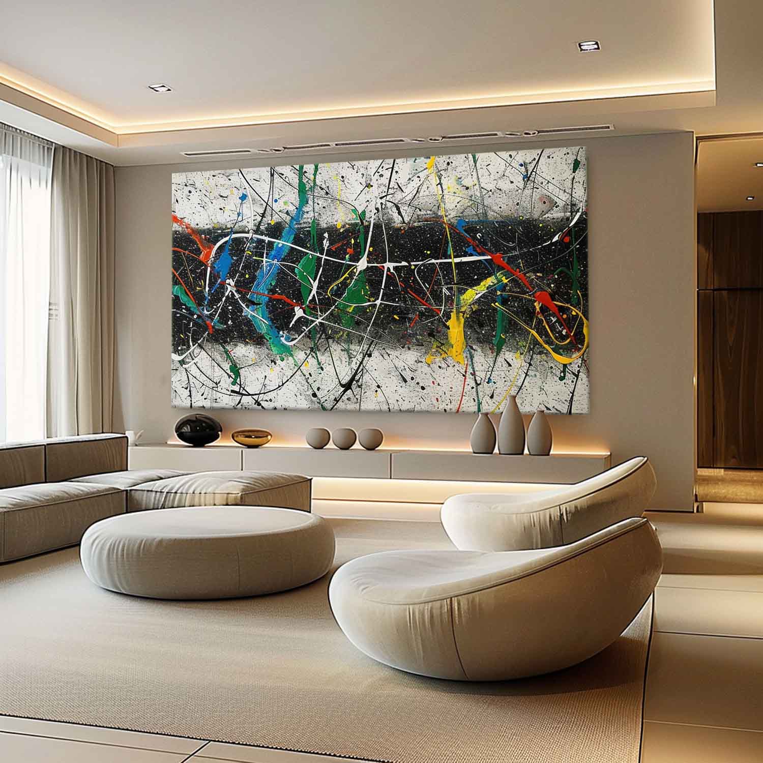 Large Colorful Abstract Canvas Wall Art Decor Modern Pollock Paintings For Sale