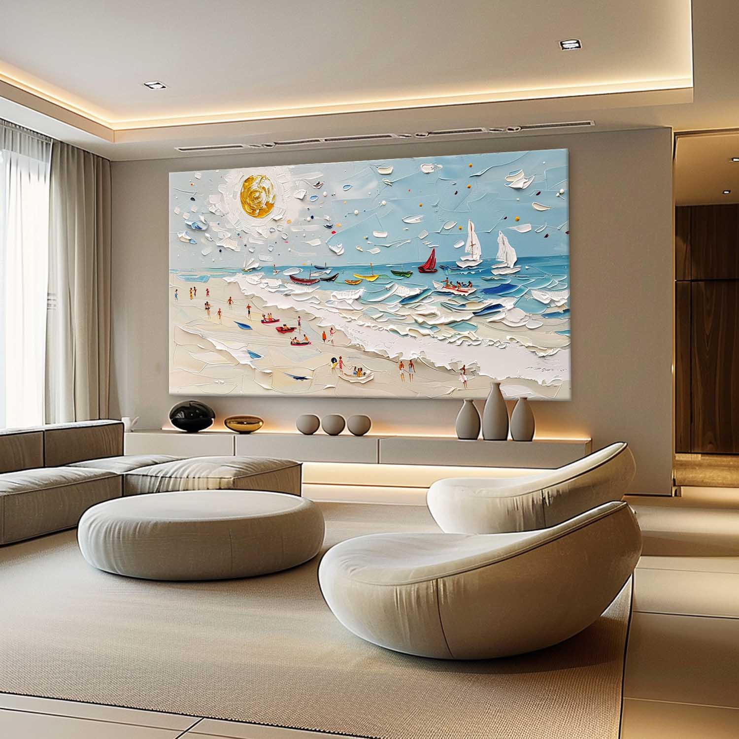 Large Summer Beach Coast Vacation Texture Painting Beach Holiday Landscape Canvas Wall Art for Sale