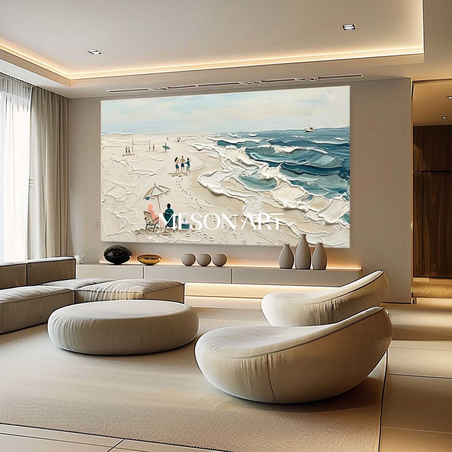 Sandy Beach Painting Beach Ocean Waves Painting Textured Wall Art Large Framed Canvas Ready To Hang Panoramic