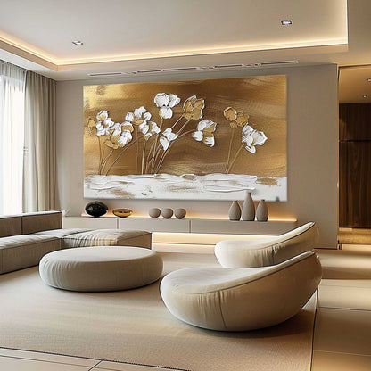 Large Golden Flower Art on Canvas Golden Flower Wall Art Golden Flower Abstract Texture Painting