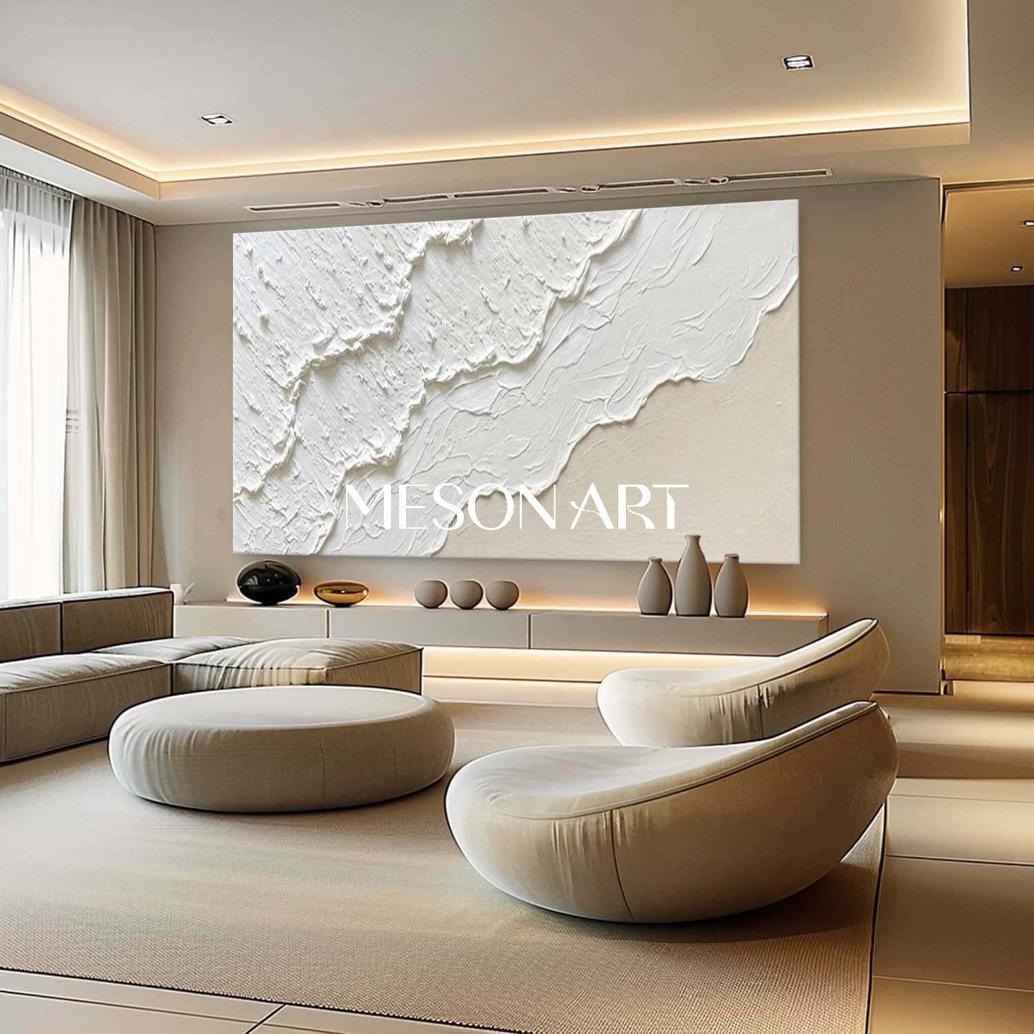Large White And Beige Wave Painting Minimalist Interior Design Wall Decor