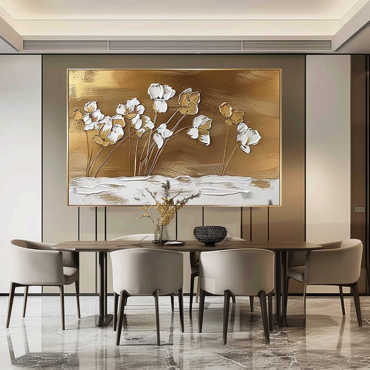 Large Golden Flower Art on Canvas Golden Flower Wall Art Golden Flower Abstract Texture Painting