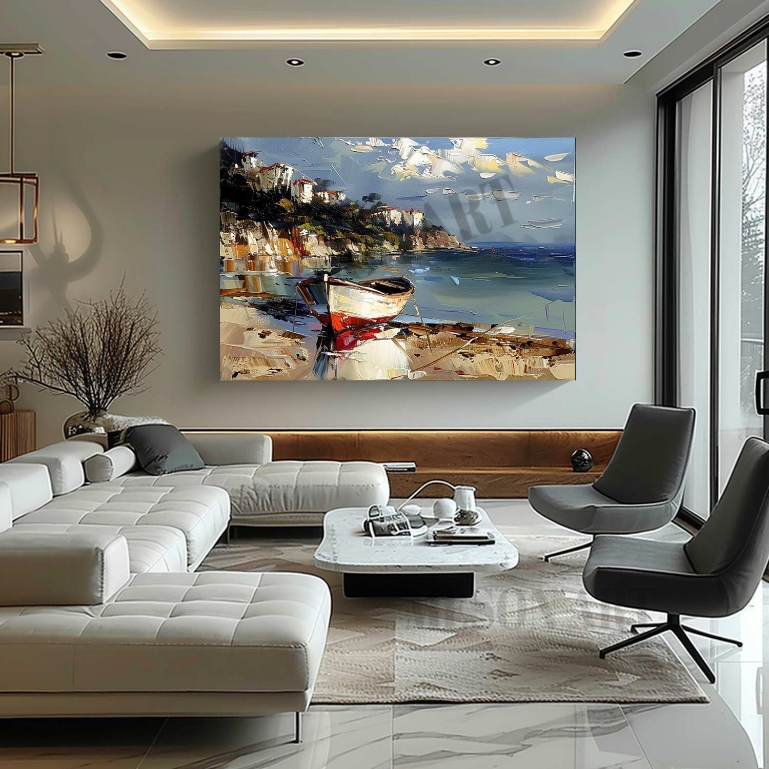 Colorful Coast Ship Scenery Texture Painting 3D Coast Ship Canvas Wall Art Beach Ship Art