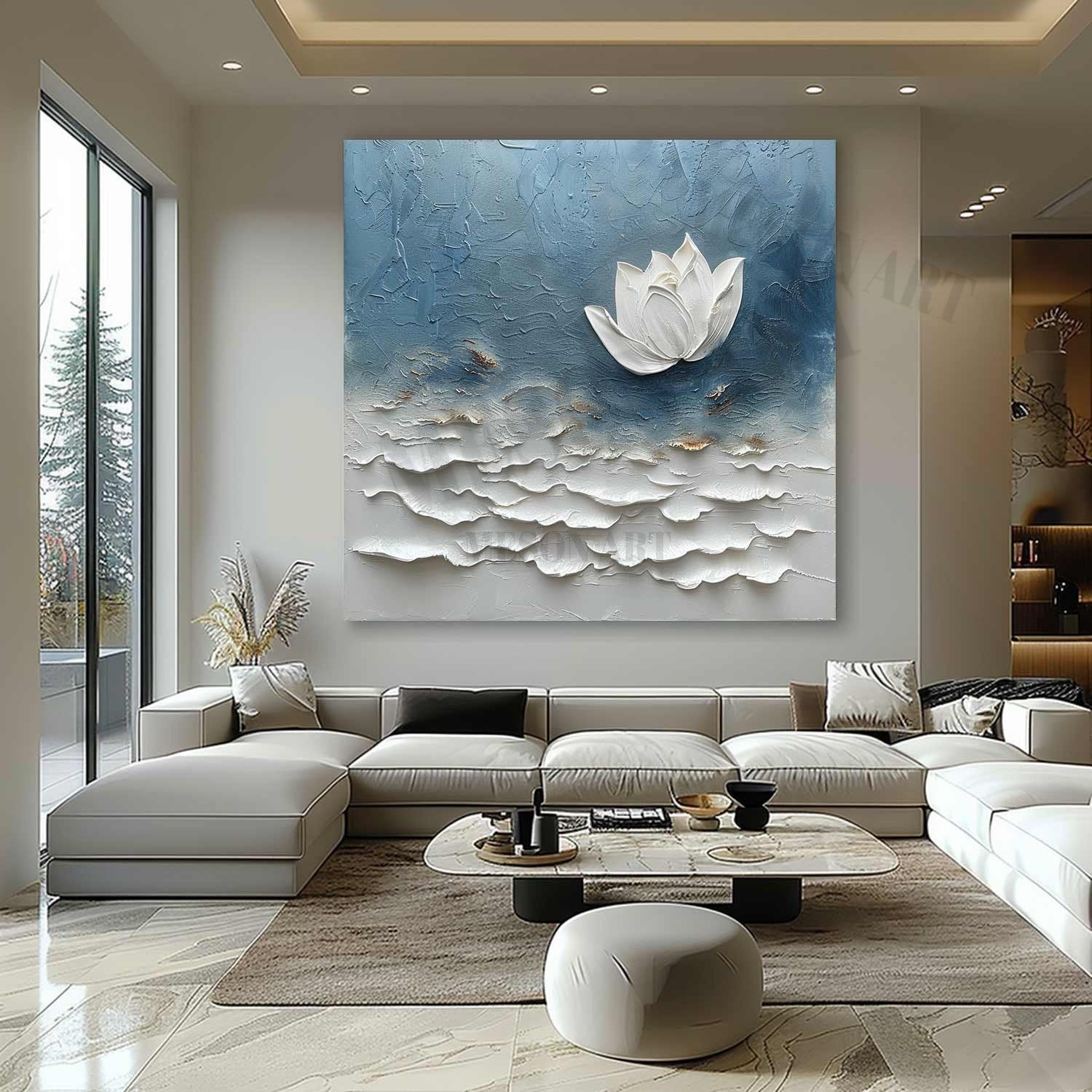 3D Monet Lotus Oil Painting for Sale White Flower Plaster Art Textured Floral Canvas Wall Art Decor