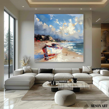 Beach Boat Art for Sale Coast Ship Texture Painting 3D Coast Ship Canvas Texture Wall Art