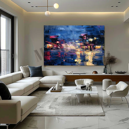 City Night Scene Abstract Blue Painting California Night Scene Canvas Art for Sale City Night Scene Wall Art