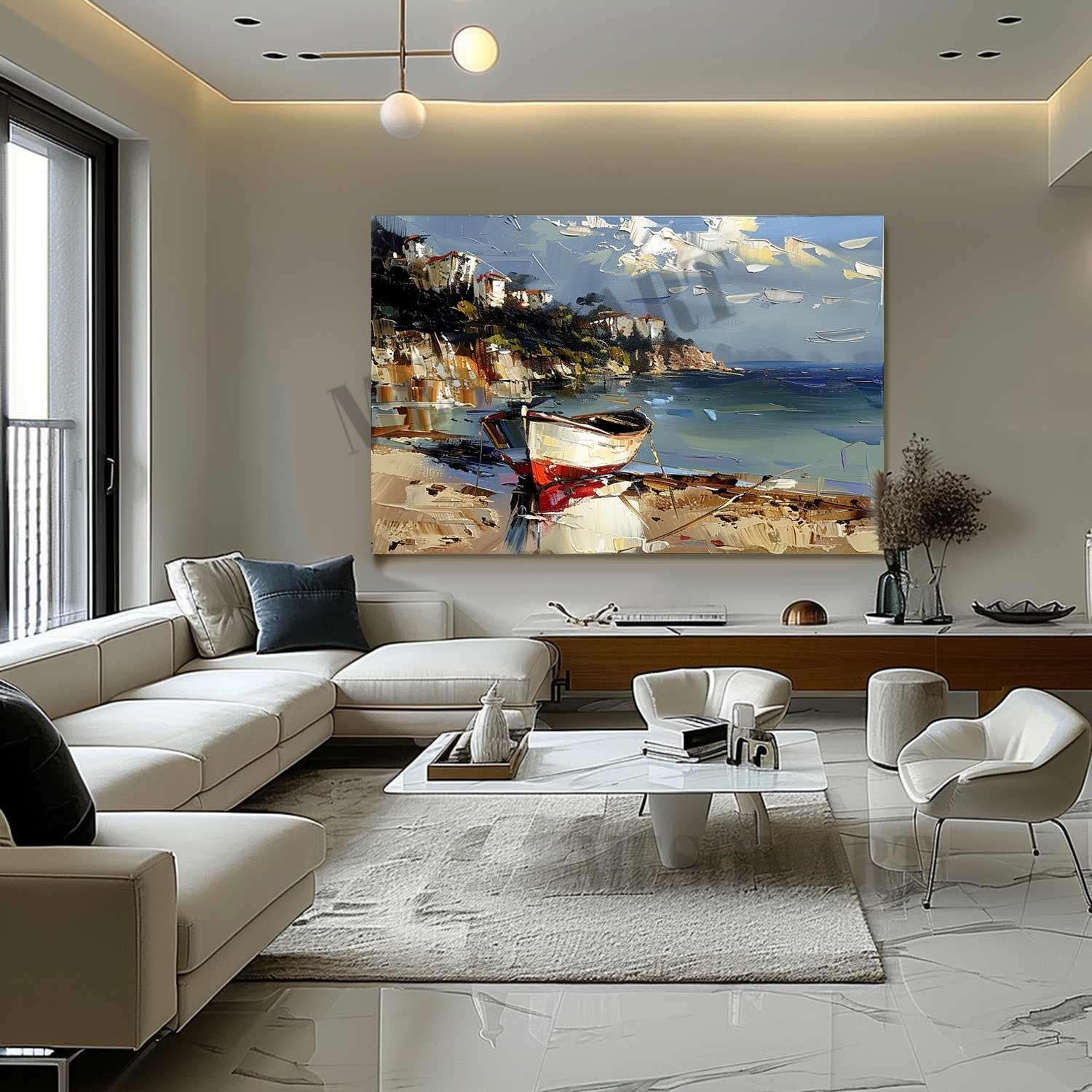 Colorful Coast Ship Scenery Texture Painting 3D Coast Ship Canvas Wall Art Beach Ship Art