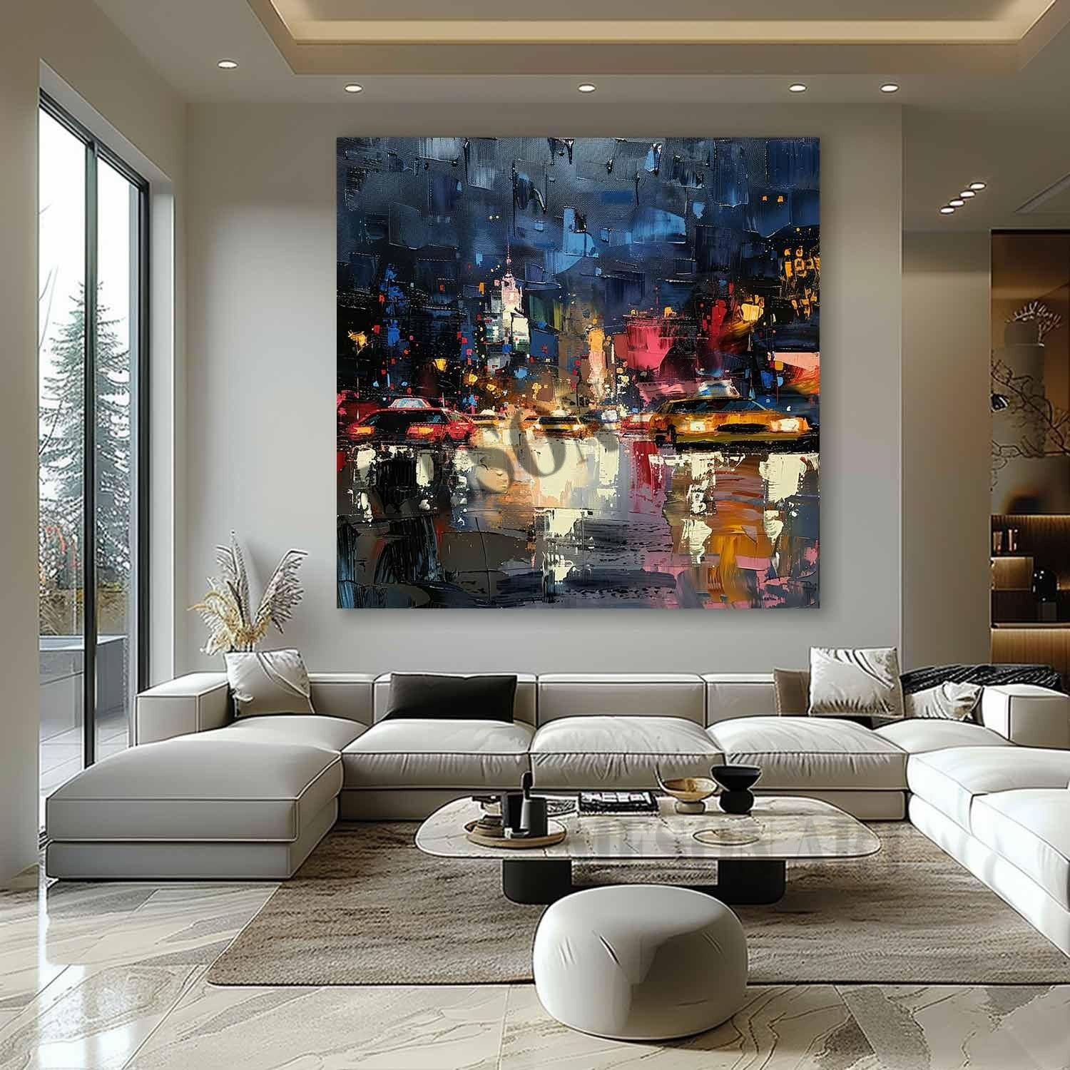 City Street Night Scene Texture Painting 3D Colorful City Street Night Scene Canvas Wall Art