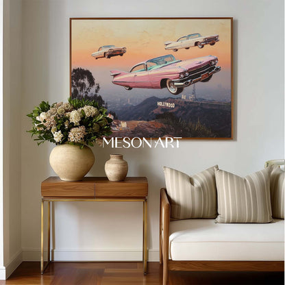 Surreal Sunset Surreal Art Flying Vintage Cars Hollywood Hills Canvas