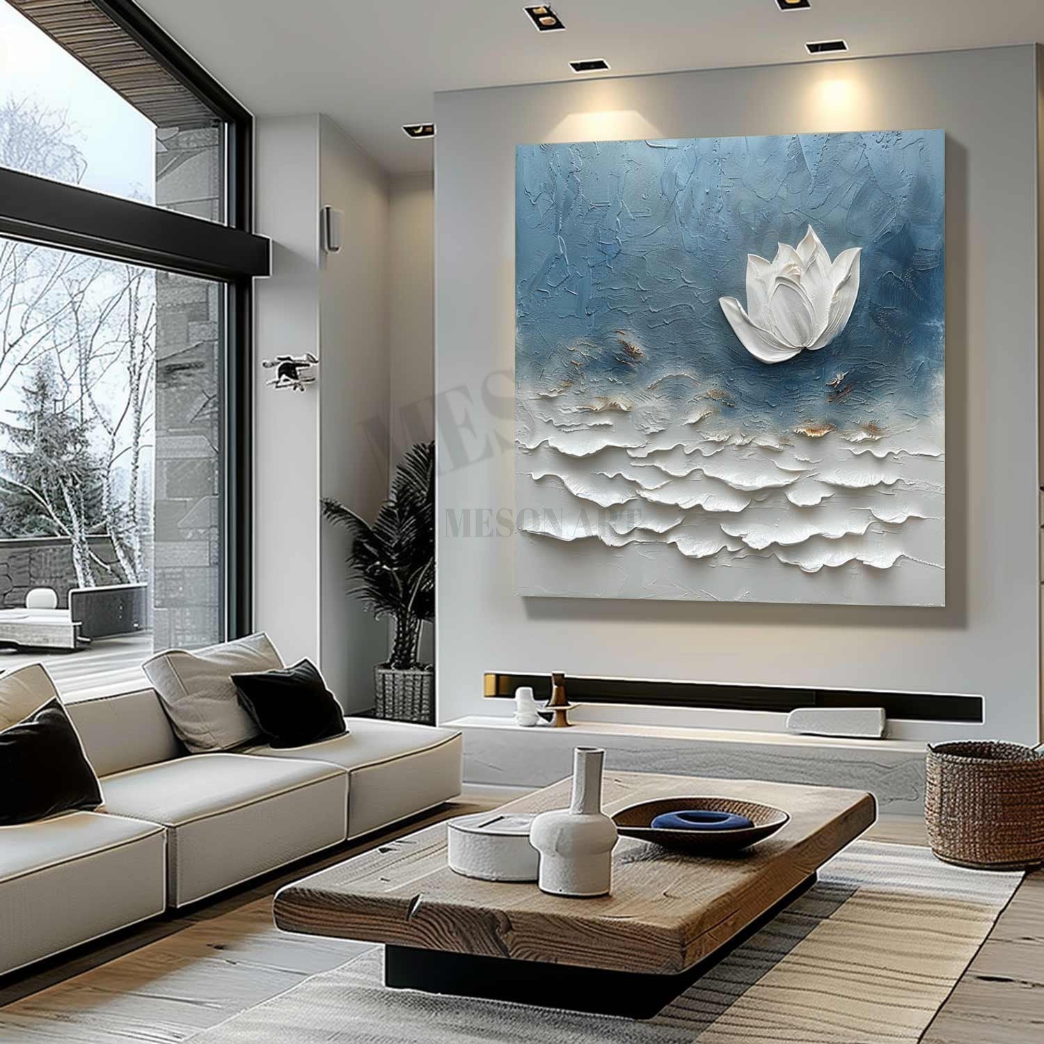 3D Monet Lotus Oil Painting for Sale White Flower Plaster Art Textured Floral Canvas Wall Art Decor