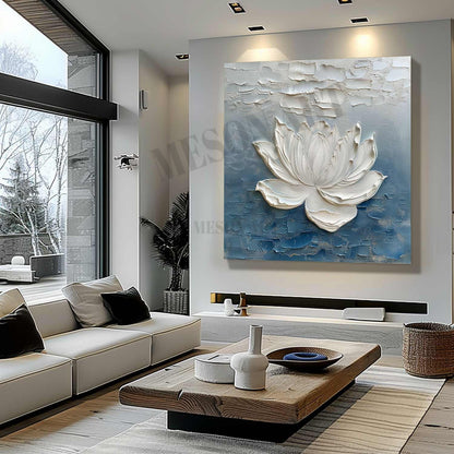Monet Style Lotus Oil Painting for Sale 3D Textured Flower Canvas Wall Art White Plaster Flower Canvas Art