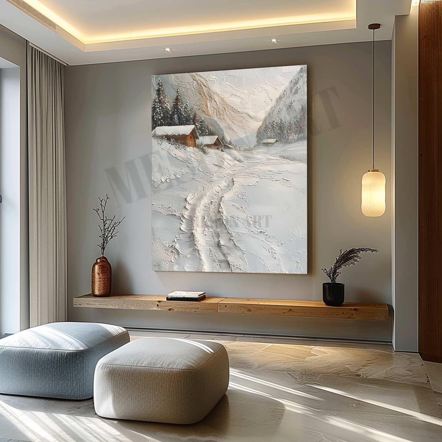 Country Snow Scene Texture Painting Snow Resort Art Canvas Swiss Snowy Sky Wall Art