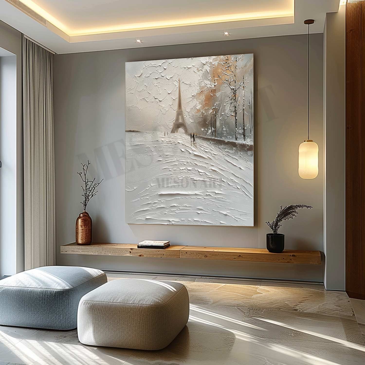 French Eiffel Tower Abstract Texture Painting French Snow Art Canvas White Eiffel Tower City Wall Art