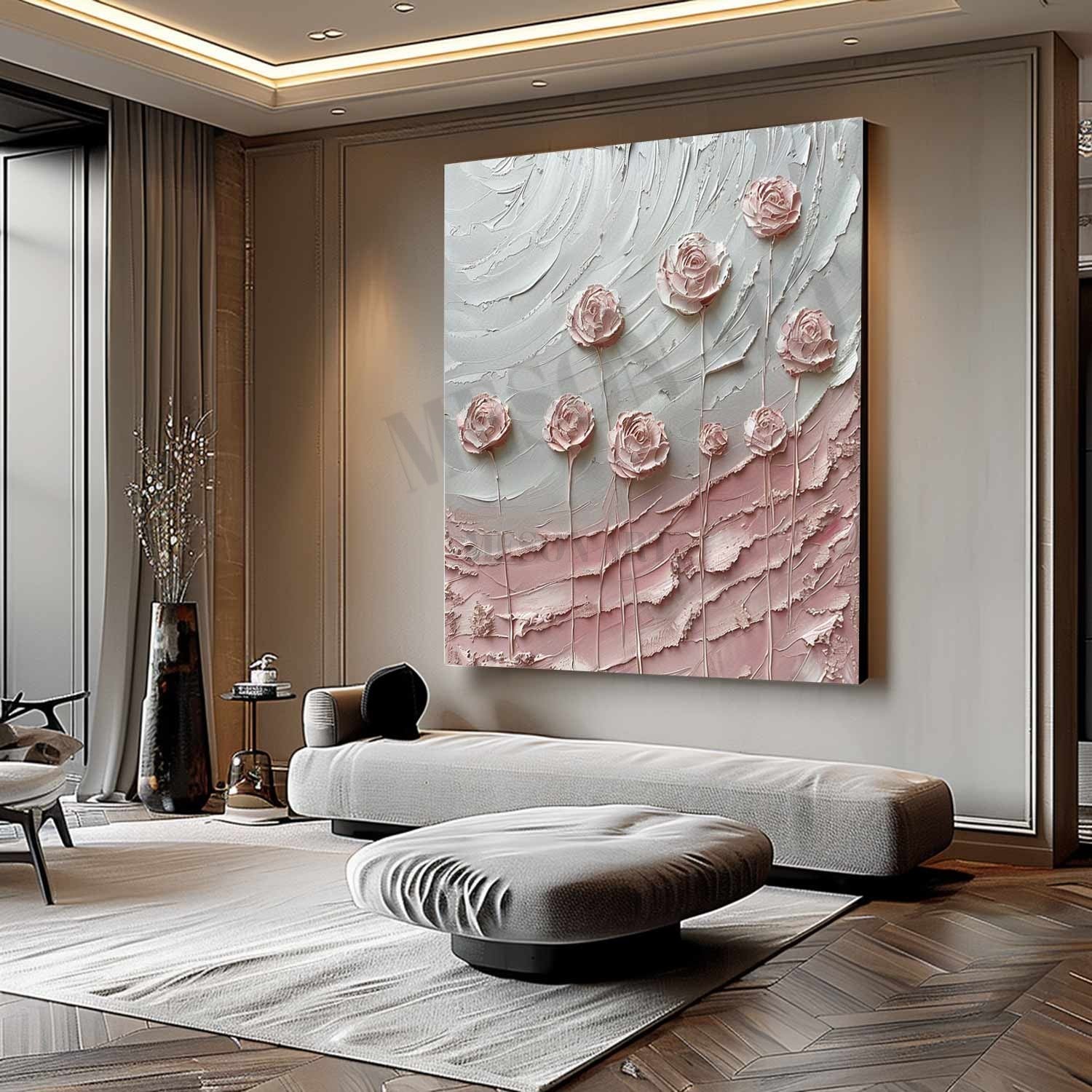 3D Pink Roses Oil Painting for Sale Pink Flowers Plaster Art Textured Rose Flowers Canvas Wall Art Decor