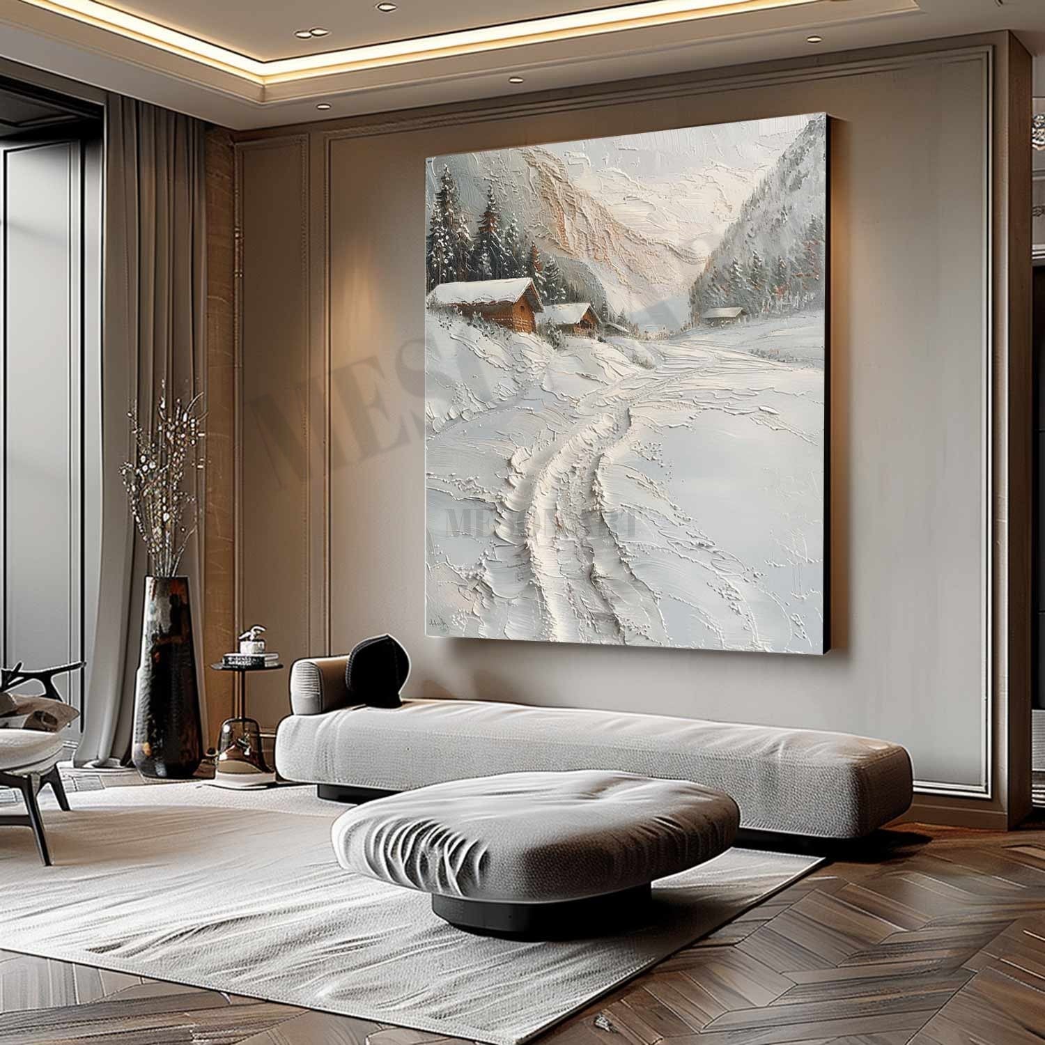 Country Snow Scene Texture Painting Snow Resort Art Canvas Swiss Snowy Sky Wall Art