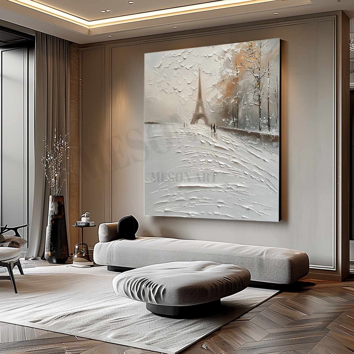 French Eiffel Tower Abstract Texture Painting French Snow Art Canvas White Eiffel Tower City Wall Art