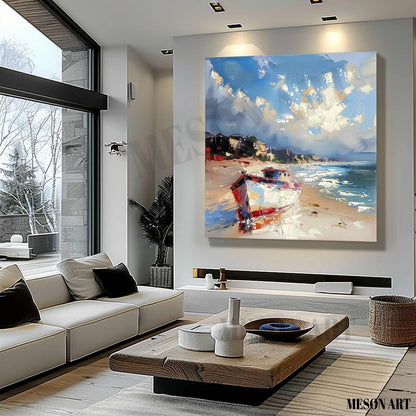 Beach Boat Art for Sale Coast Ship Texture Painting 3D Coast Ship Canvas Texture Wall Art