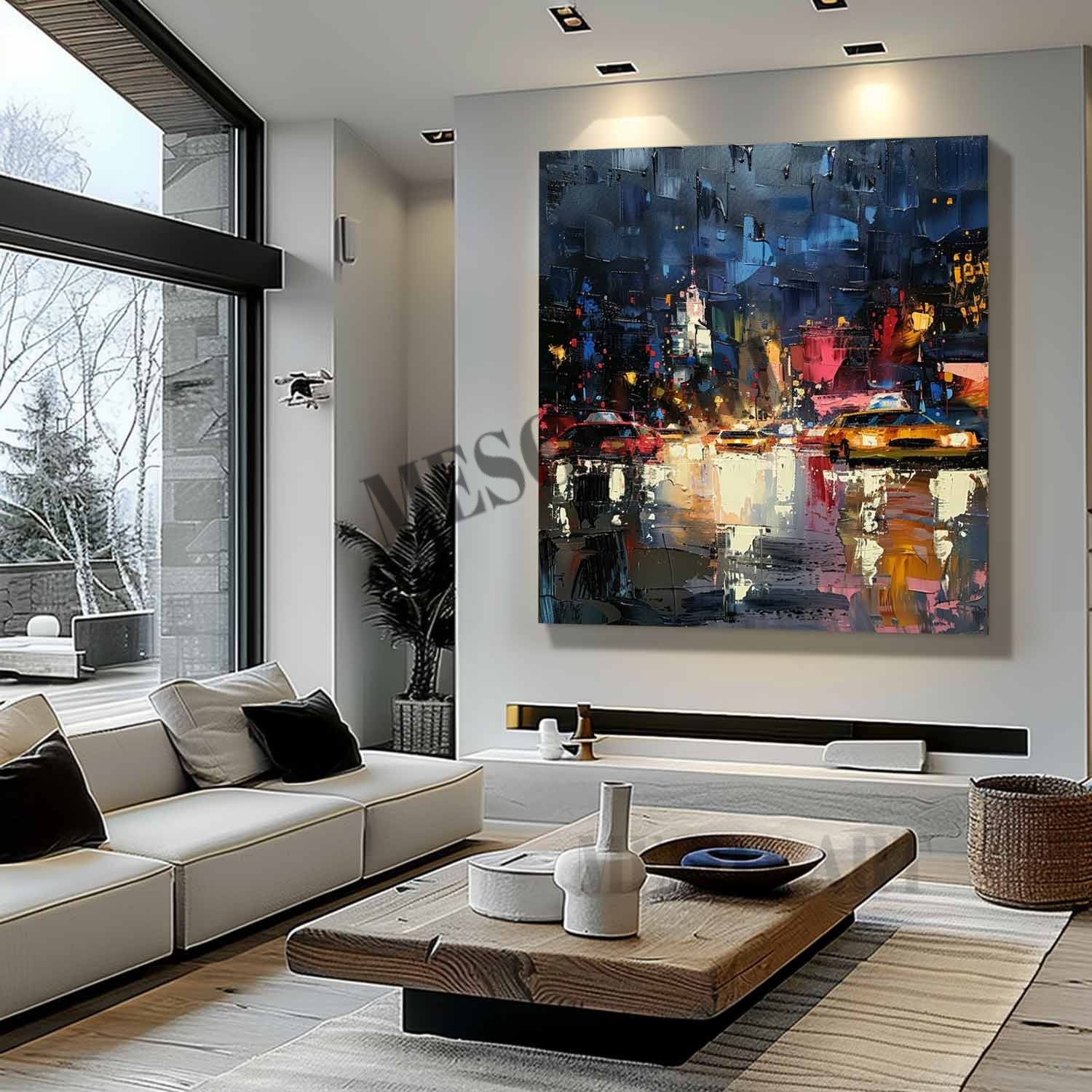 City Street Night Scene Texture Painting 3D Colorful City Street Night Scene Canvas Wall Art